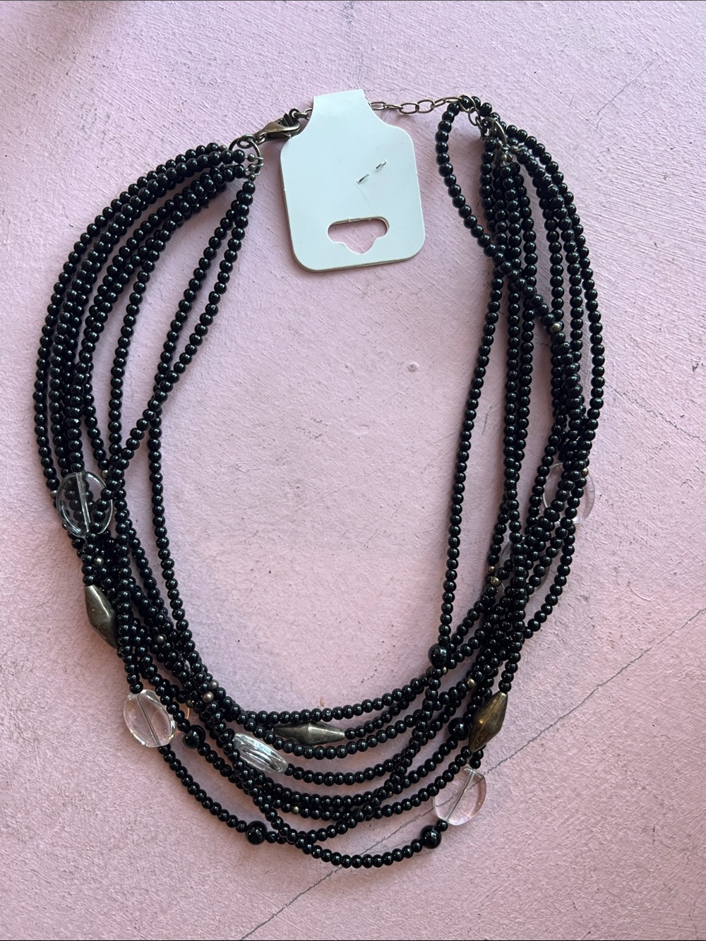 Multi / 8 Strand Black Beaded Necklace with Clear Accent beads layering necklace